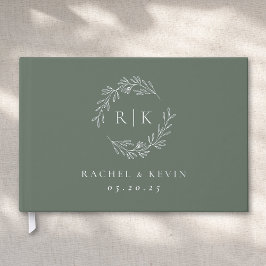 Elegante Salie en Zilveren Blad Monogram Bruiloft Gastenboek