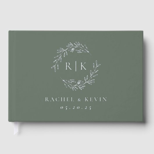 Elegante salie en zilveren gebladerte monogram bru gastenboek (Voorkant)