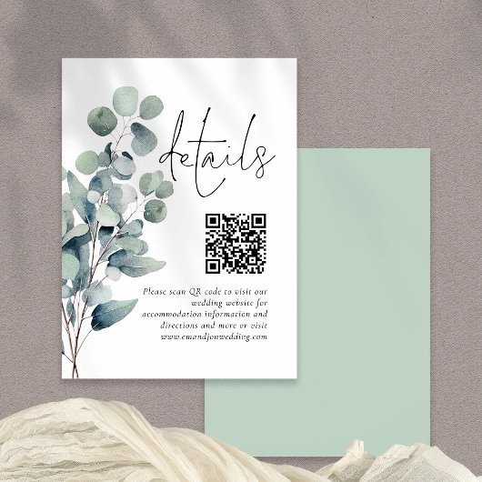 Elegante Salie Eucalyptus QR Code Bruiloft Details Informatiekaartje