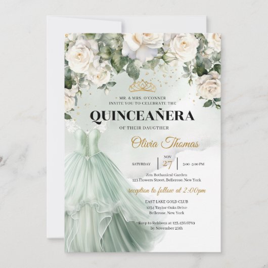 Elegante Salie Formele Jurk Witte Rozen Groen Kaart (Voorkant)