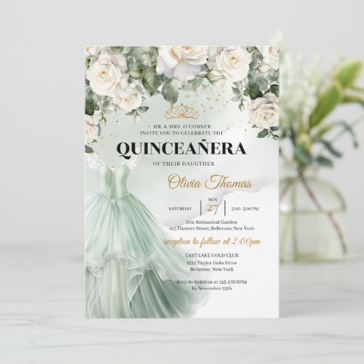 Elegante Salie Formele Jurk Witte Rozen Groen Kaart (Staand voorkant)