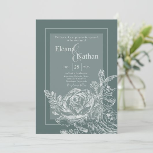 Elegante salie groen en botanische bloemen bruilof kaart (Staand voorkant)