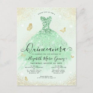 Elegante Salie Groen Goud Glitter Gown Quinceanera Briefkaart