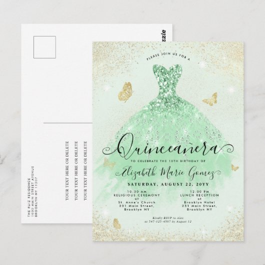 Elegante Salie Groen Goud Glitter Gown Quinceanera Briefkaart (Voorkant / Achterkant)