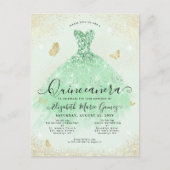 Elegante Salie Groen Goud Glitter Gown Quinceanera Briefkaart (Voorkant)