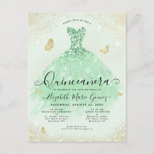 Elegante Salie Groen Goud Glitter Gown Quinceanera Briefkaart (Voorkant)