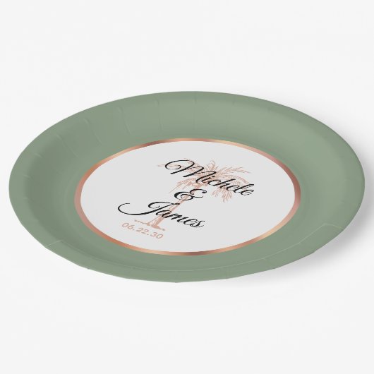 Elegante Salie Groen Gouden Palm Tropische Bruilof Papieren Bordje (Gekanteld)