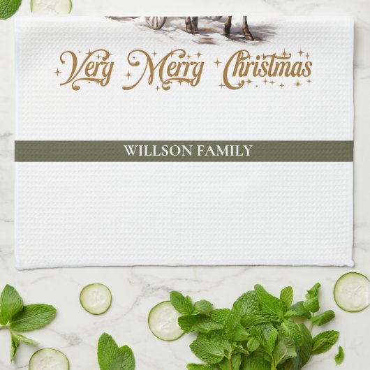 Elegante salie groen holly faux goud Rendier slee Theedoek (Gevouwen)