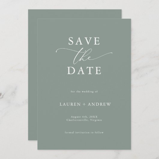 Elegante Salie Groen met Wit Save the Date Kaart (Voorkant / Achterkant)