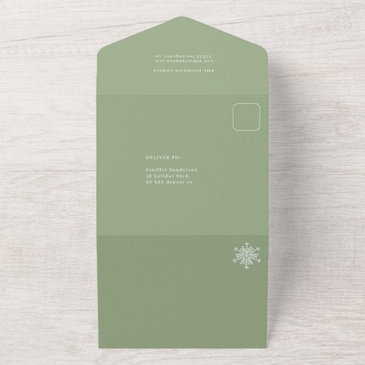 Elegante salie groen minimale fotocollage vakantie all in one uitnodiging (Buitenkant)