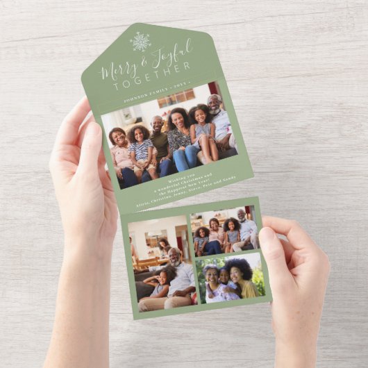 Elegante salie groen minimale fotocollage vakantie all in one uitnodiging (Afscheurbaar)