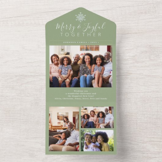 Elegante salie groen minimale fotocollage vakantie all in one uitnodiging (Binnen)