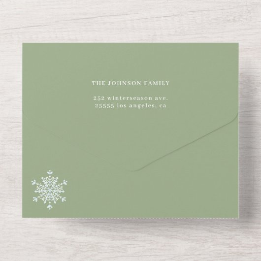 Elegante salie groen minimale fotocollage vakantie all in one uitnodiging (Achterkant)