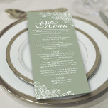 Elegante Salie Groen & Wit Frilly Hoeken Bruiloft Menu<br><div class="desc">Dit mooie salie groen gekleurde menu zal wat stijl toevoegen aan uw bruiloft receptie. Het heeft een eenvoudig maar mooi ontwerp met elegante letters en decoratieve witte krullen en wervelingen in de hoeken. Er is ruimte voor de namen van het paar en de trouwdatum, en de tekst is volledig aanpasbaar....</div>