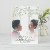 Elegante salie groen, witte bloesems bruiloft foto bedankkaart (Staand voorkant)