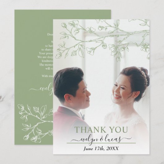 Elegante salie groen, witte bloesems bruiloft foto bedankkaart (Voorkant / Achterkant)
