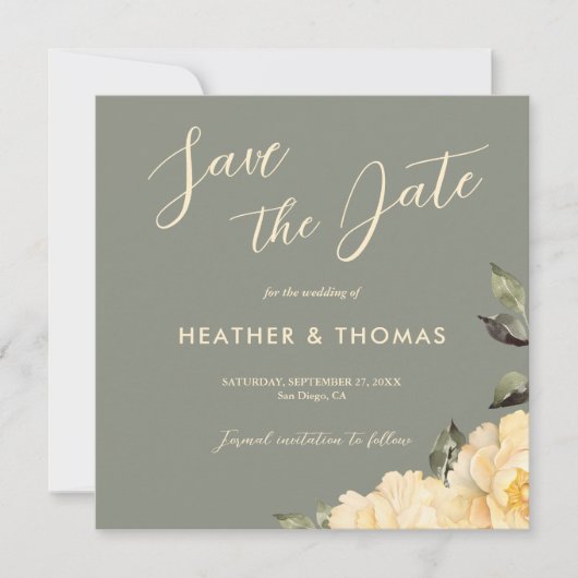 Elegante salie groene bloem Save the date uitnodig (Voorkant)