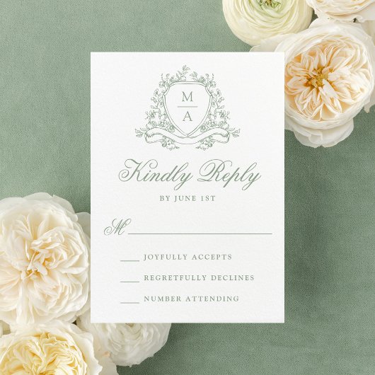 Elegante Salie Groene Bloemen Crest Monogram Bruil RSVP Kaartje