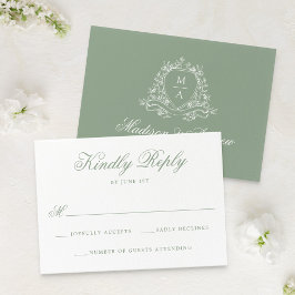 Elegante Salie Groene Bloemen Crest Monogram Bruil RSVP Kaartje