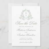 Elegante Salie Groene Bloemen Crest Monogram Bruil Save The Date (Voorkant)