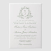 Elegante Salie Groene Bloemen Crest Monogram Bruil Vellum Uitnodigingen (Voorkant)