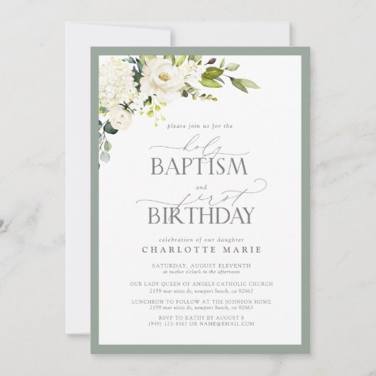 Elegante Salie Groene Bloemen Doop 1e Verjaardag Kaart (Voorkant)