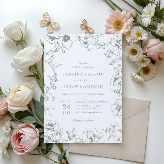 Elegante Salie Groene Bloementuin Bruiloft Kaart