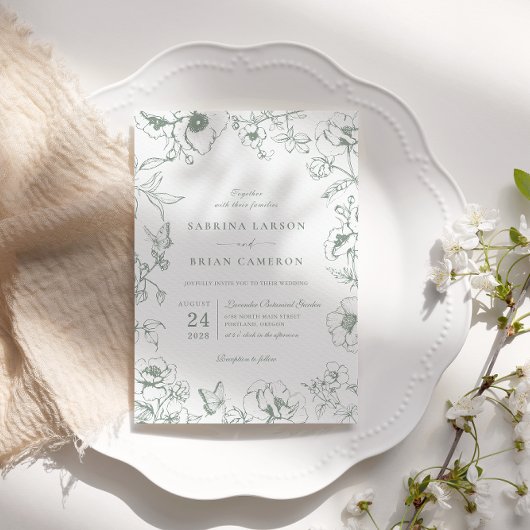 Elegante Salie Groene Bloementuin Bruiloft Kaart