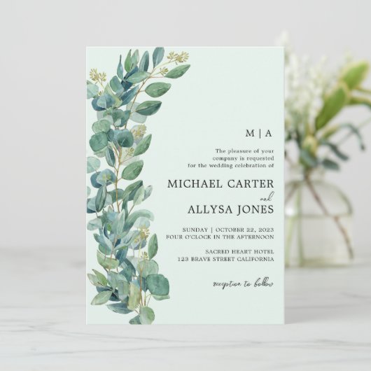 Elegante Salie Groene Eucalyptus & Foto Bruiloft Kaart (Staand voorkant)