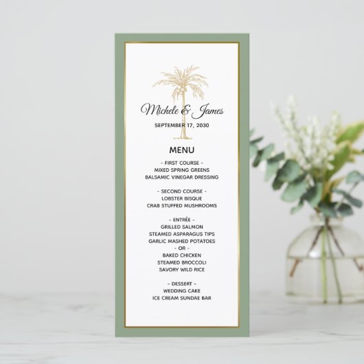 Elegante Salie Groene Gouden Palm Bruiloft Menu (Staand voorkant)