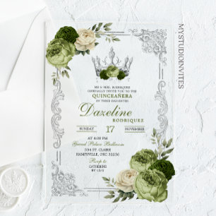 Elegante Salie Groene Ivoren Kroon Quinceanera Acryl Uitnodigingen