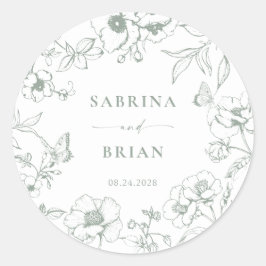 Elegante Salie Groene Klassieke Bloemen Bruiloft Ronde Sticker