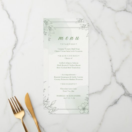 Elegante Salie Groene Lijn Kunst Bloemendiner Menu (Voorkant / Achterkant in situ)