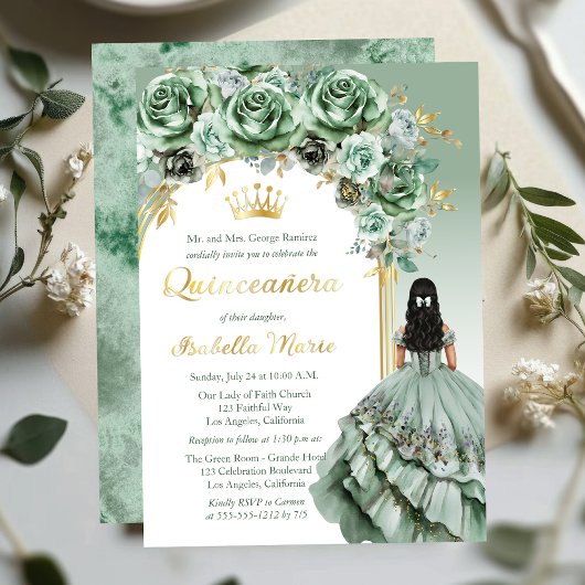 Elegante Salie Groene Roos Bloemige Quinceañera Fe Folie Uitnodiging