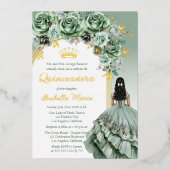 Elegante Salie Groene Roos Bloemige Quinceañera Fe Folie Uitnodiging (Voorkant)