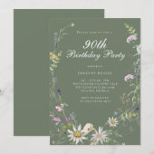Elegante Salie Groene Wildbloem 90ste Verjaardagsf Kaart (Voorkant / Achterkant)