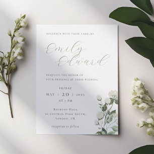 Elegante Salie Groene & Witte Bloemige Bruiloft Kaart