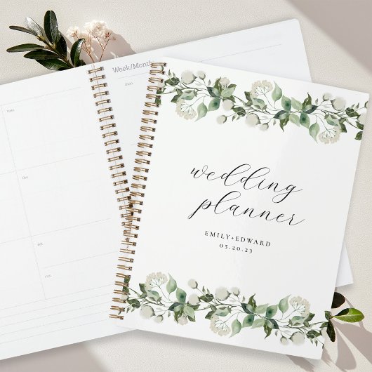 Elegante Salie Groene & Witte Bloemige Bruiloft Planner
