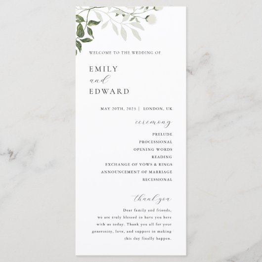 Elegante Salie Groene & Witte Bloemige Bruiloft Programmakaart (Voorkant)