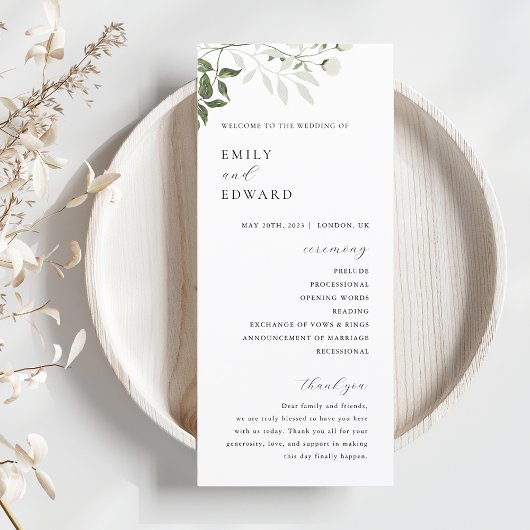Elegante Salie Groene & Witte Bloemige Bruiloft Programmakaart