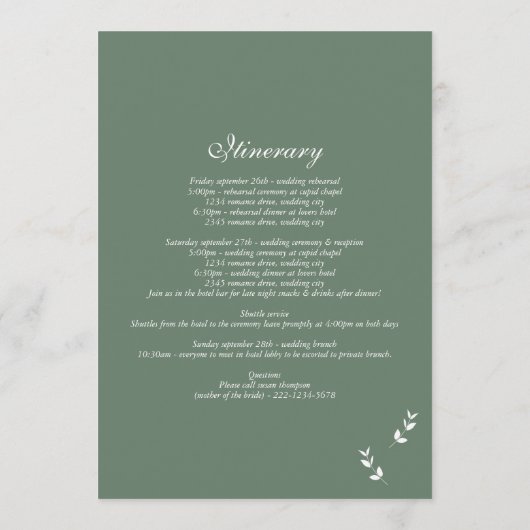 Elegante Salie Olijf Groen Script Huwelijksroute Programmakaart (Achterkant)