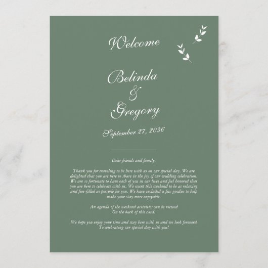 Elegante Salie Olijf Groen Script Huwelijksroute Programmakaart (Voorkant)