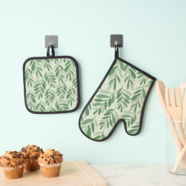 Elegante Salie & Olijfblad Natuur Patroon Ovenwant & Pannenlap Set