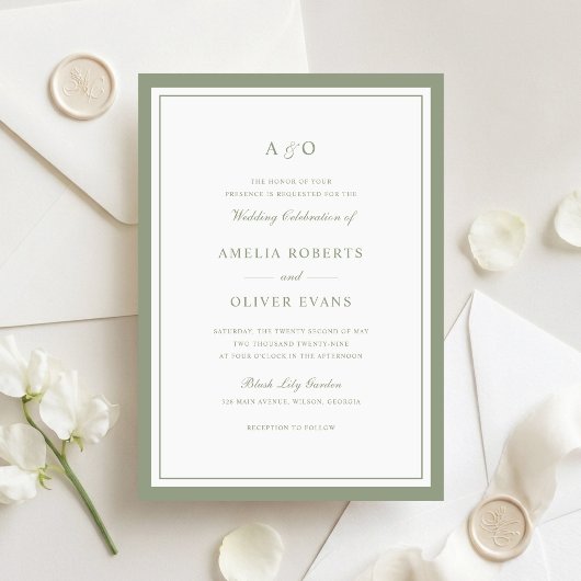 Elegante Salie Olijfgroene Rand Frame Bruiloft Kaart