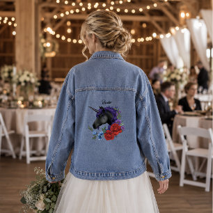 Elegante Salie Zwarte Eenhoorn Bloemrijke Fantasie Denim Jacket