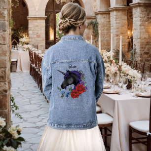 Elegante Salie Zwarte Eenhoorn Bloemrijke Fantasie Denim Jacket