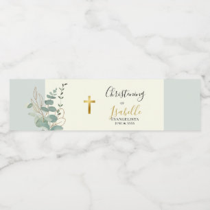 Elegante Saliegroen Gouden Eucalyptus Doopfeest Waterfles Etiket