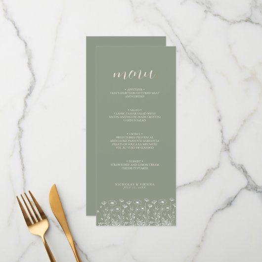 Elegante Saliegroen Minimalistische Boho Bloemen B Menu (Voorkant / Achterkant in situ)