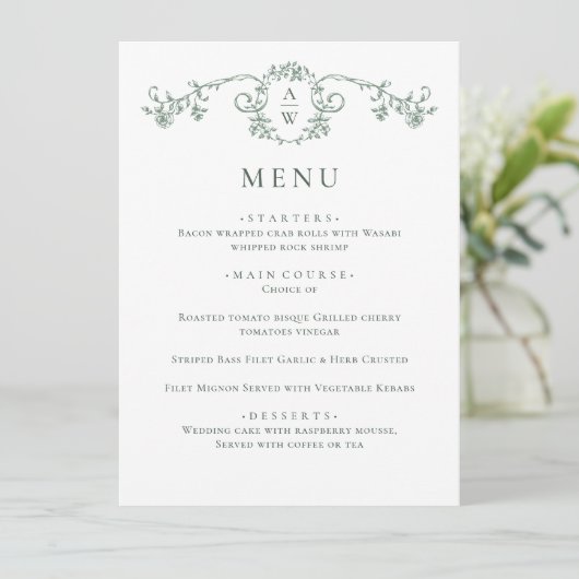 Elegante saliegroen vintage tuinvloemen bruiloft menu (Staand voorkant)
