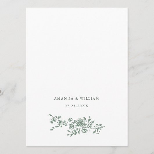 Elegante saliegroen vintage tuinvloemen bruiloft menu (Achterkant)